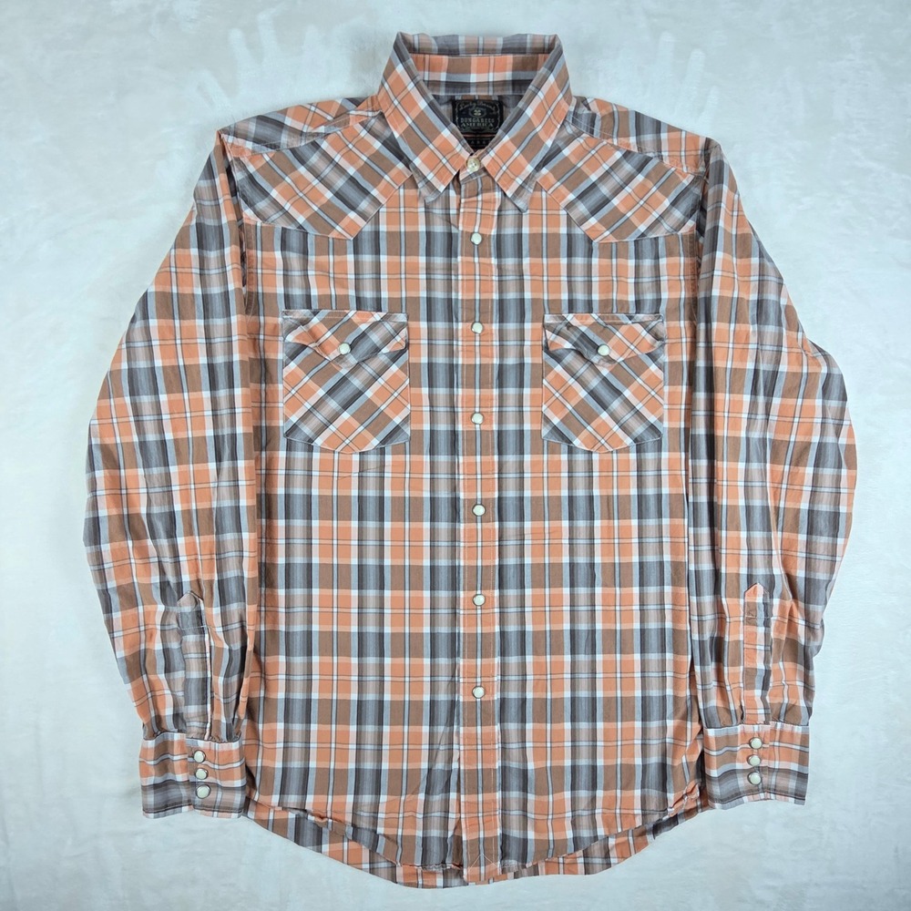 VTG Y2K Lucky Brand Western Shirt Mens Large Orange Plaid Pearl Snap Dungarees